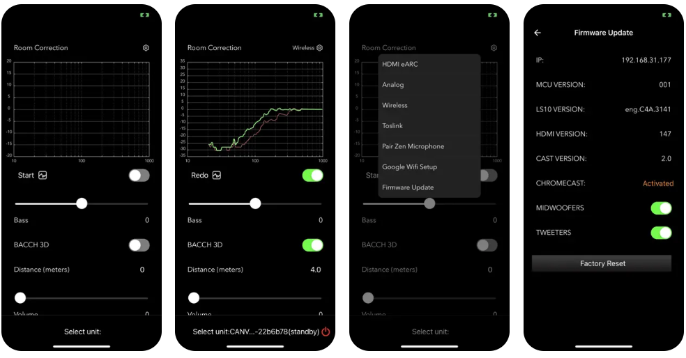 L'application CANVAS pour iOS permet de nombreux réglages, dont la correction acoustique de pièce