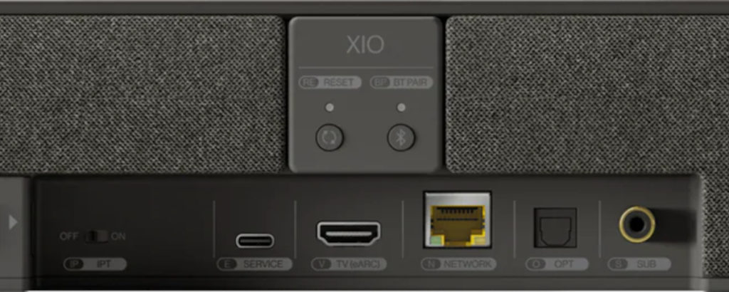 Connectique de la barre de son KEF XIO.